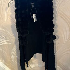 Elegant Black Fur-Trimmed Knit Women's Vest